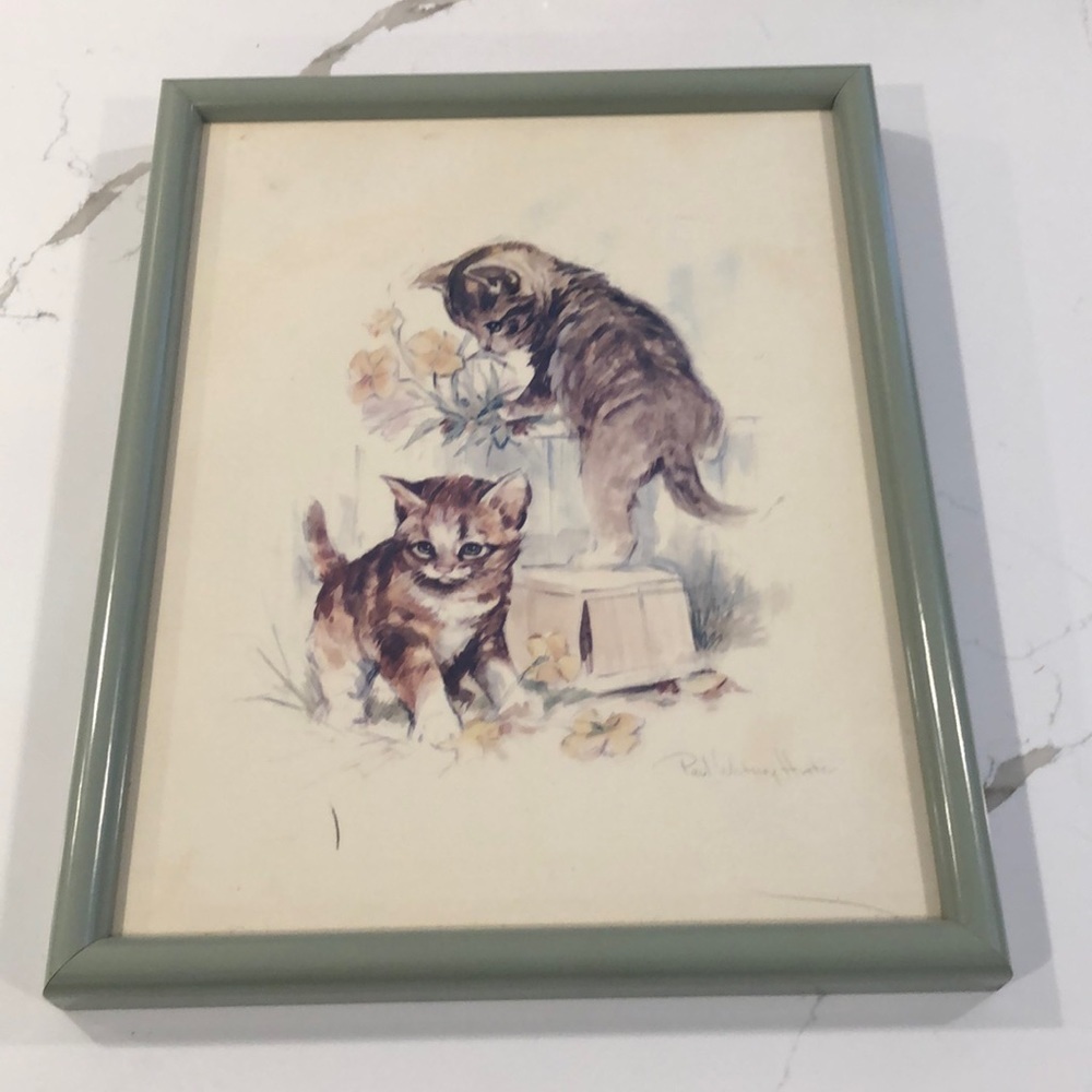 Vintage Paul Whitney Hunter  lithograph print signed kittens floral framed 70s